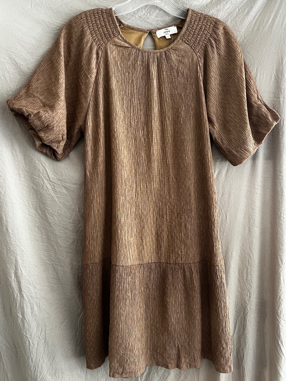 entro Textured Brown Midi Dress with Puff Sleeves